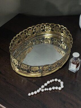 Vintage Mini Brass Mirrored Vanity Tray With Ornate Filigree Edge